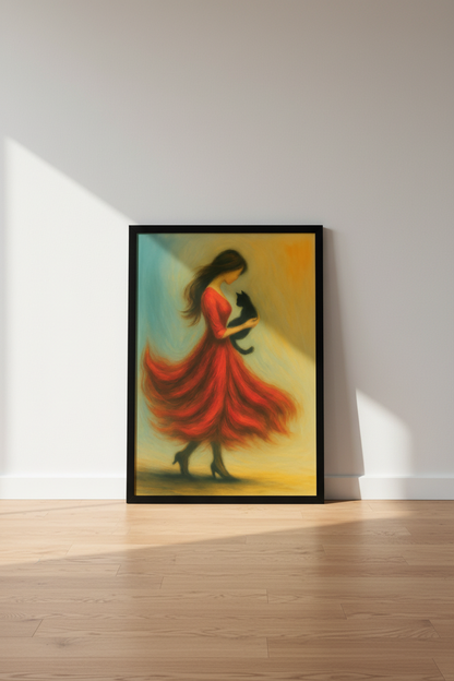 Abstract Woman with Cat Wall Art Print | Boho Living Room Decor | Pet Lover Gift | Minimalist Expressionism Poster