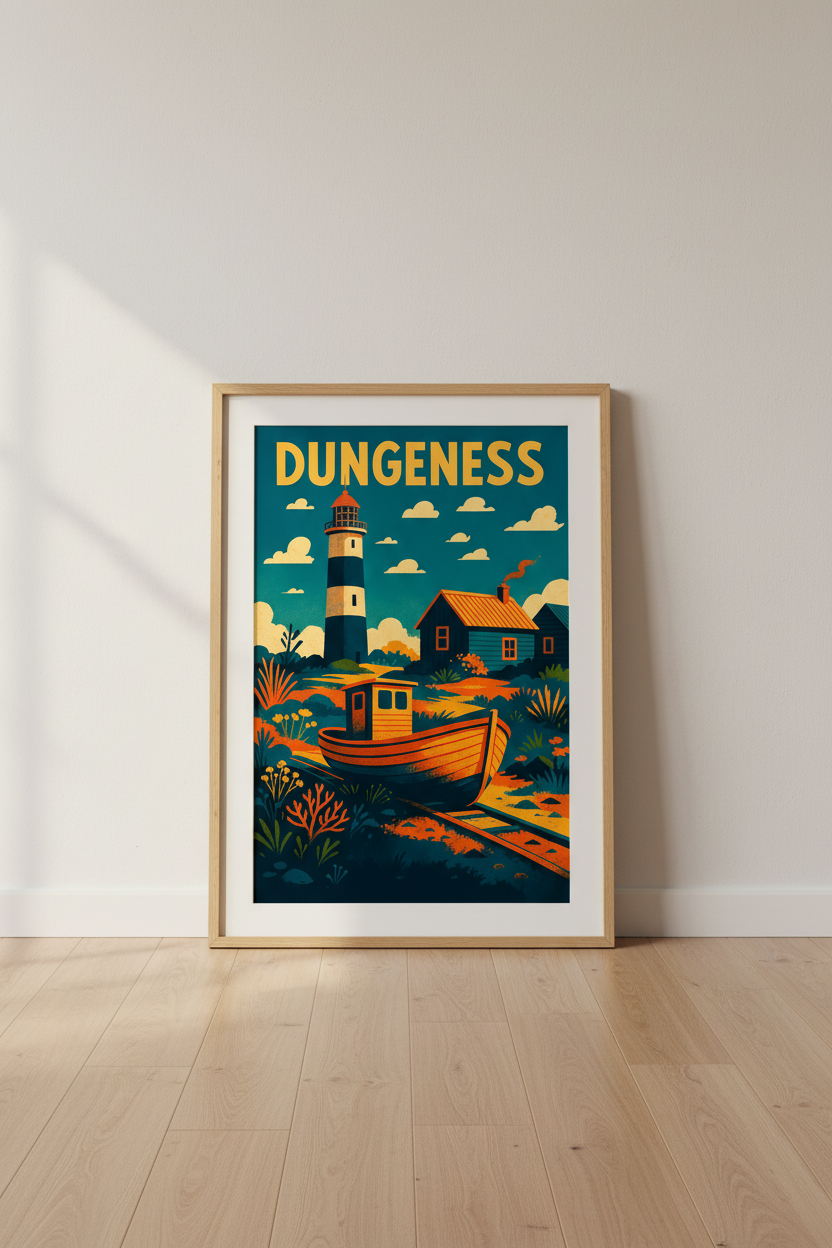 Retro Travel Dungeness Wall Art Print | Coastal Living Decor | Vintage Lighthouse Poster | Beach House Vibe