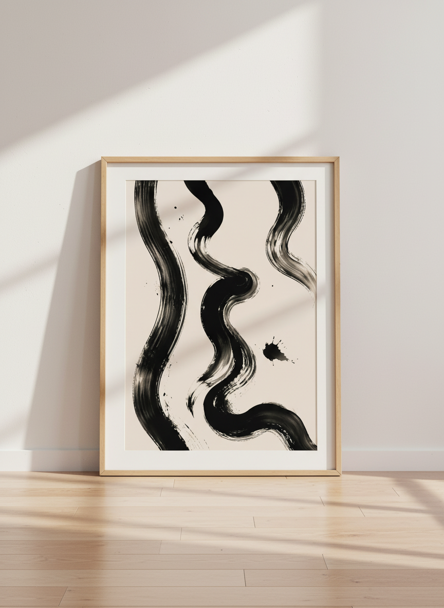 Abstract Ink Brush Strokes Wall Art | Minimalist Black Beige Decor | Zen Serene Poster