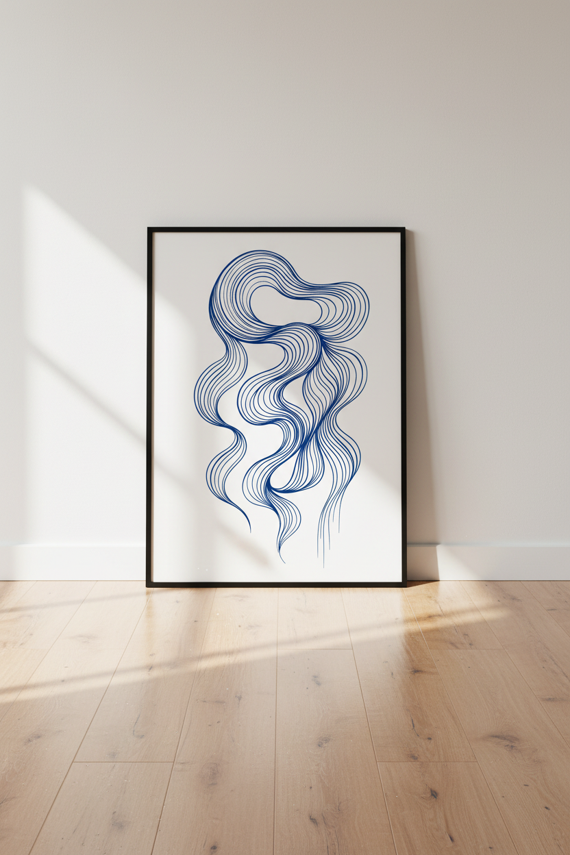 Abstract Swirl Wall Art Print | Modern Blue Line Art Decor | Aesthetic Living Room Poster | Minimalist Wavy Artwork