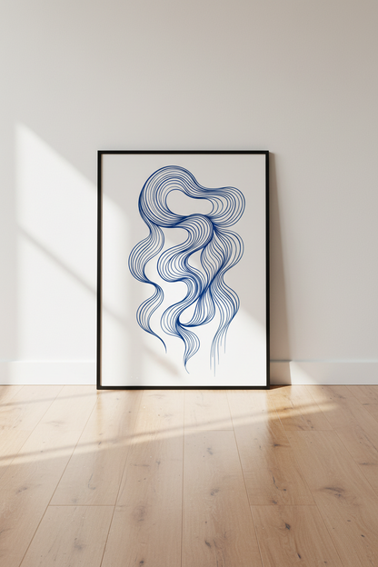 Abstract Swirl Wall Art Print | Modern Blue Line Art Decor | Aesthetic Living Room Poster | Minimalist Wavy Artwork