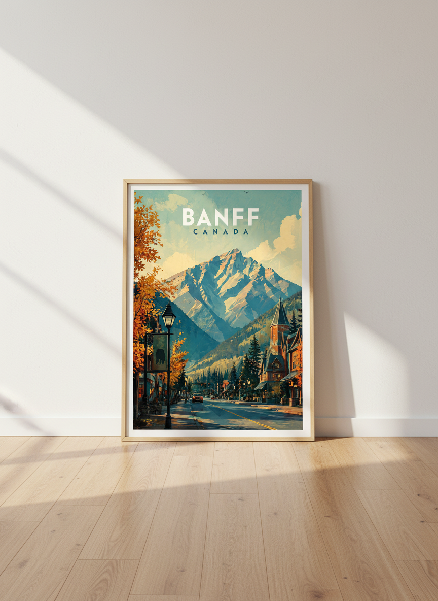 Banff Canada Travel Poster, Mountain Town Autumn Wall Art, Living Room Decor, Rustic Gift