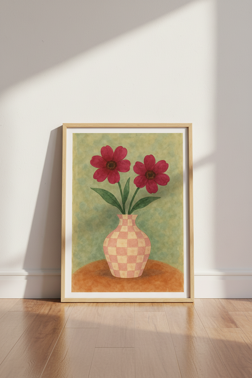 Red Flowers in Checkered Vase Art Print | Botanical Home Decor Poster | Abstract Floral Wall Art | Bohemian Wall Hanging