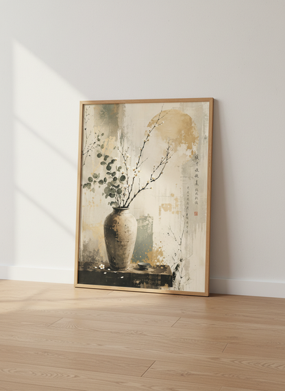 Zen Cherry Blossom Vase Art | Japanese Style Still Life Print, Bedroom Decor
