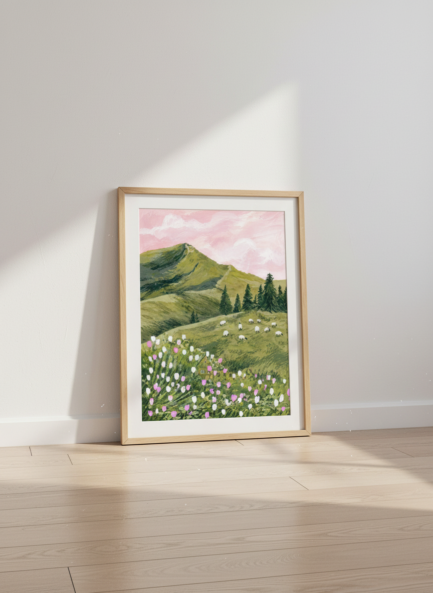 Pastoral Landscape Wall Art Print | Boho Bedroom Decor | Farmhouse Cottagecore Poster | Sheep Mountain Print | Pink Sky Art
