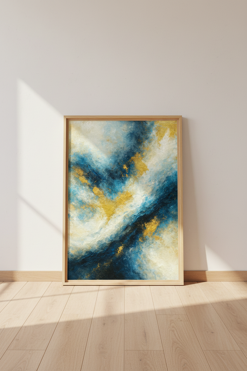 Abstract Gold Blue Wall Art Print | Teal Living Room Decor | Modern Luxe Poster | Fluid Ocean Aesthetic Painting