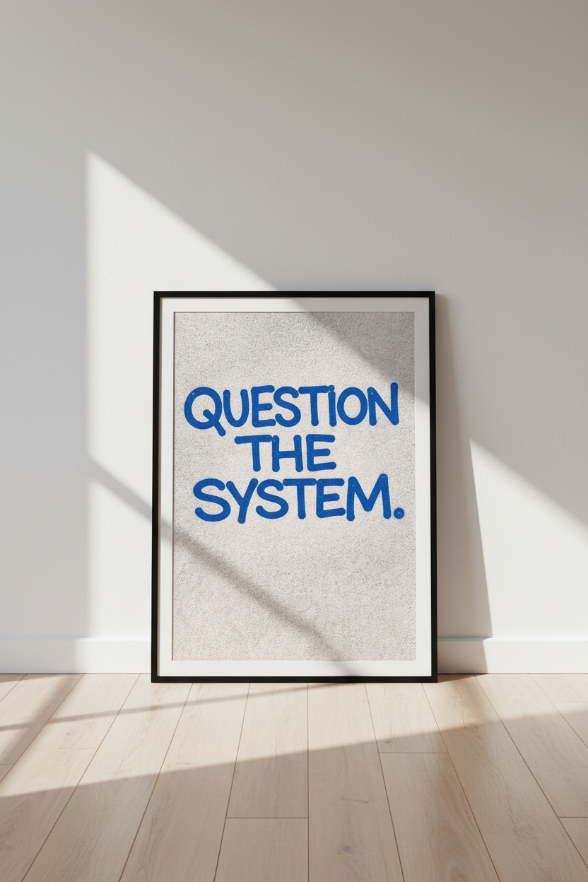 Question The System Wall Art Print | Bold Blue Graffiti Text Poster | Modern Activist Home Decor | Unique Protest Art Hanging
