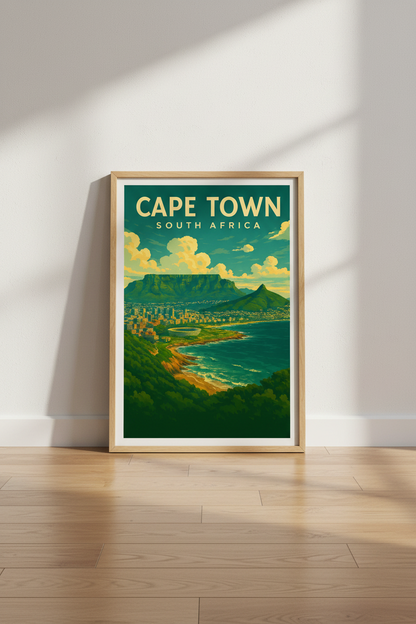 Retro Travel Poster Wall Art | Cape Town South Africa Framed Print | Mid-Century Modern Home Decor | Vibrant Coastal Art