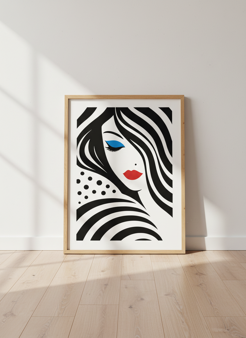 Minimalist Glam Pop Art Woman Print | Black White Red Blue Abstract Portrait Decor