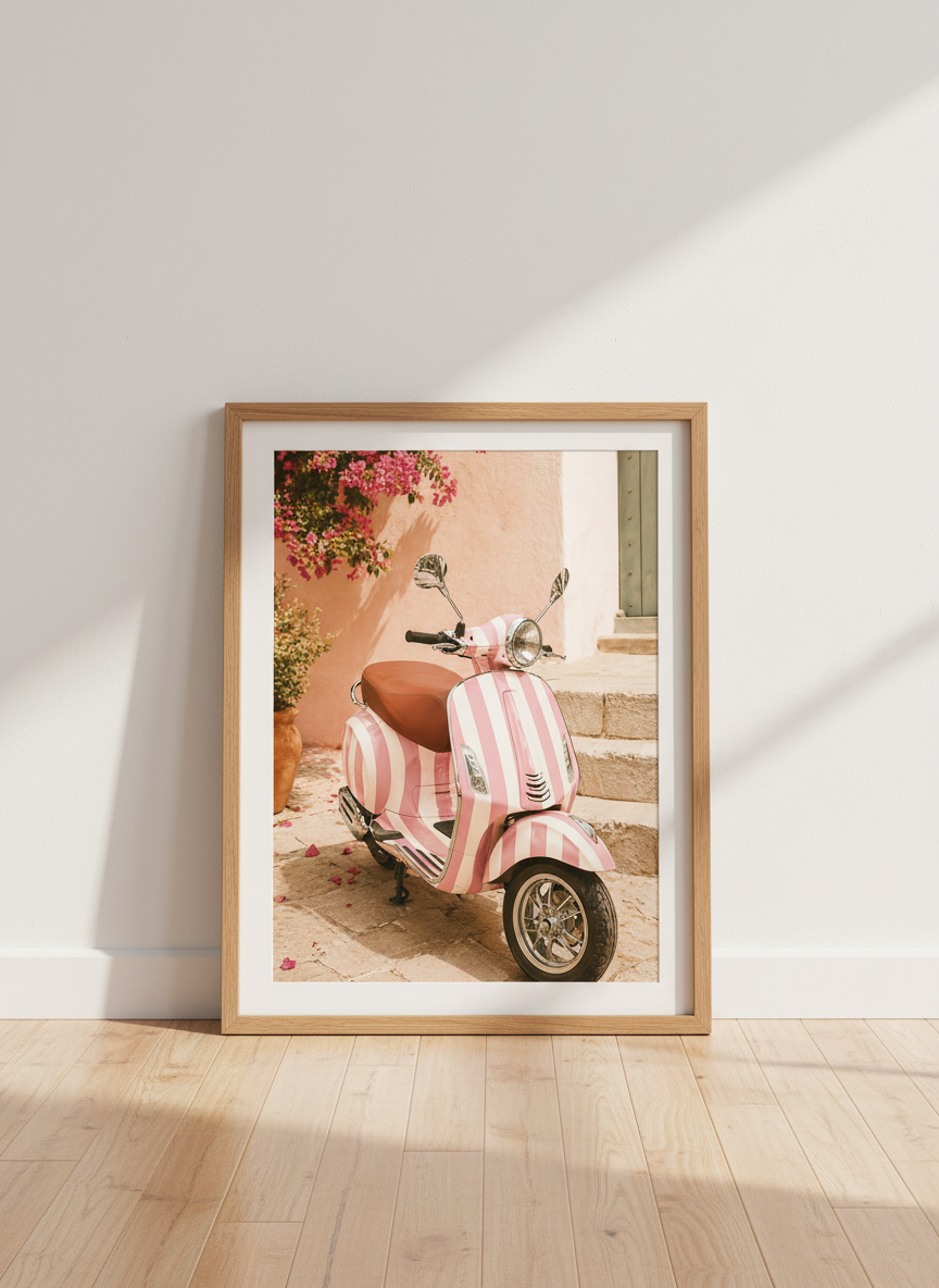 Retro Pink Vespa Framed Art Print | Aesthetic Bedroom Decor | Pink Wall Art | Preppy Room Poster | Ready to Hang Beach House Decor