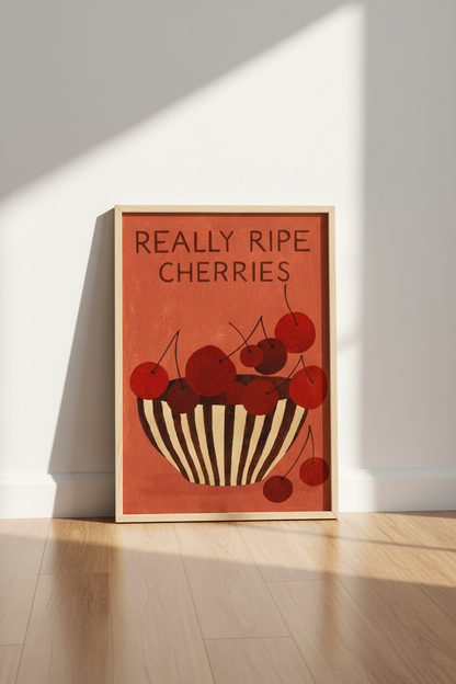 Minimalist Cherry Kitchen Wall Art Print | Retro Dining Room Decor | Aesthetic Framed Fruit Poster | Ready to Hang