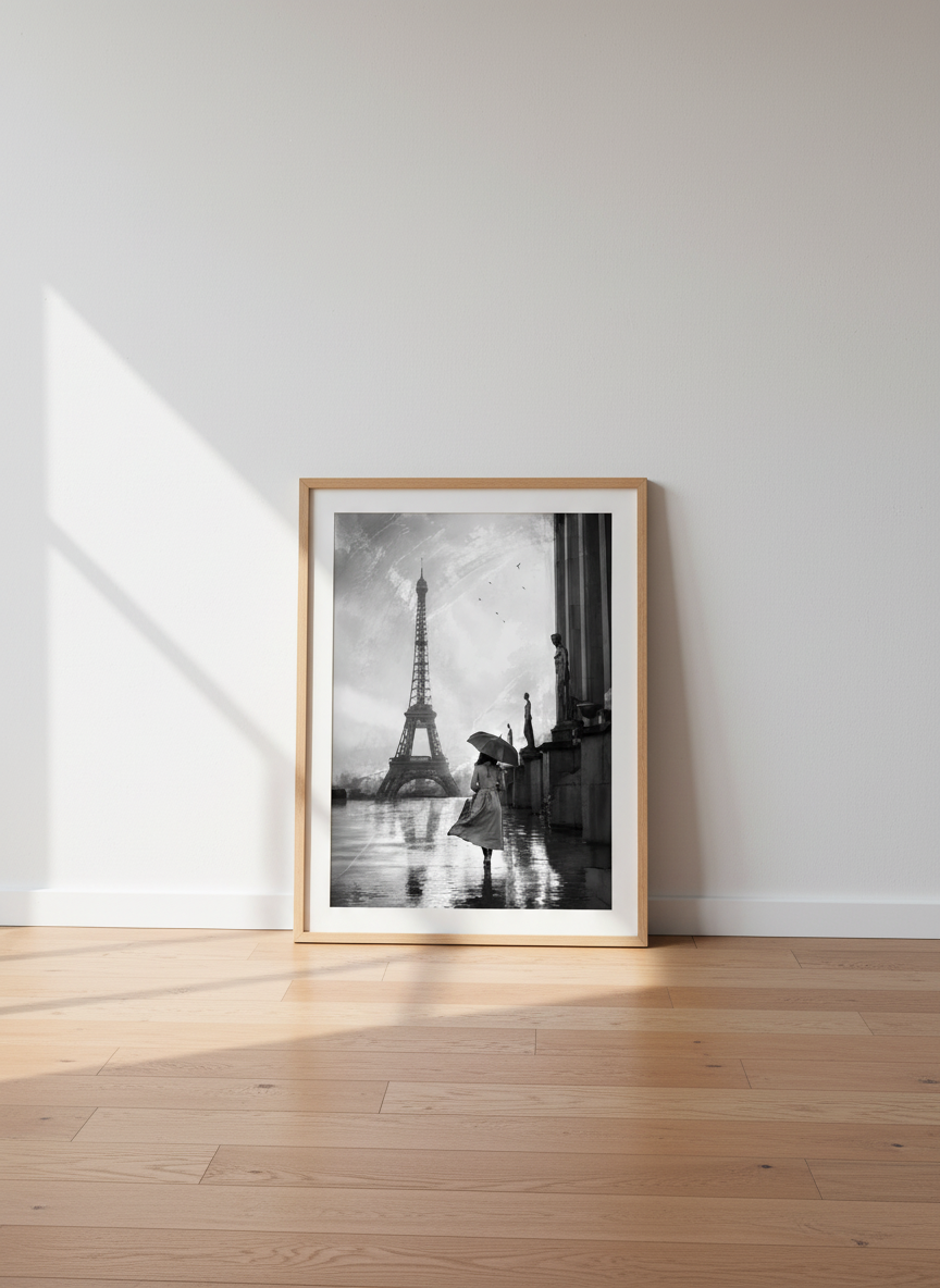 Eiffel Tower Rain Art Print | Black &amp; White Paris Wall Decor | Romantic Parisian Poster