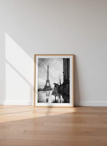 Eiffel Tower Rain Art Print | Black &amp; White Paris Wall Decor | Romantic Parisian Poster