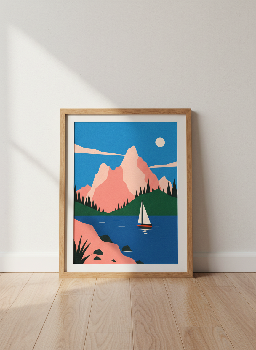 Sailboat Lake Mountain Art | Retro Landscape Print, Mid-Century Modern Decor
