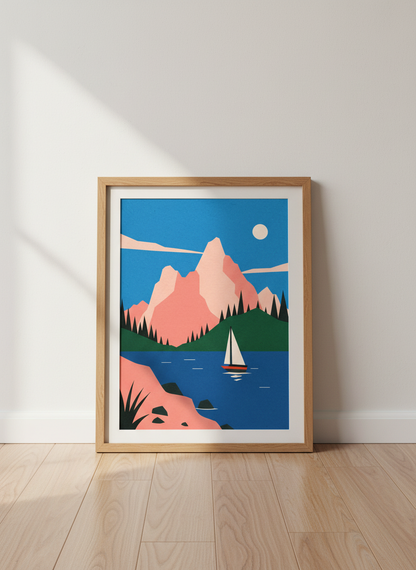 Sailboat Lake Mountain Art | Retro Landscape Print, Mid-Century Modern Decor