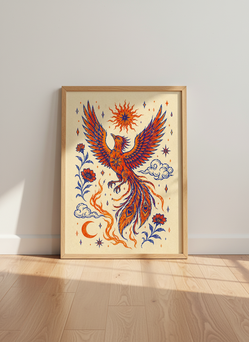 Phoenix Rise Wall Art Print | Celestial Decor | Blue Orange Spiritual Poster