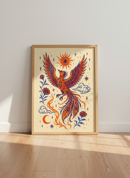 Phoenix Rise Wall Art Print | Celestial Decor | Blue Orange Spiritual Poster