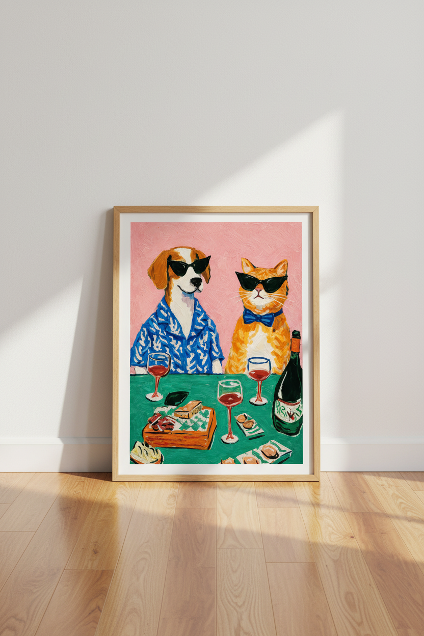 Funky Pet Friends Wall Art Print | Eclectic Bar Decor | Vibrant Aesthetic Poster | Dog Cat Sunglasses Wine | Maximalist Gift