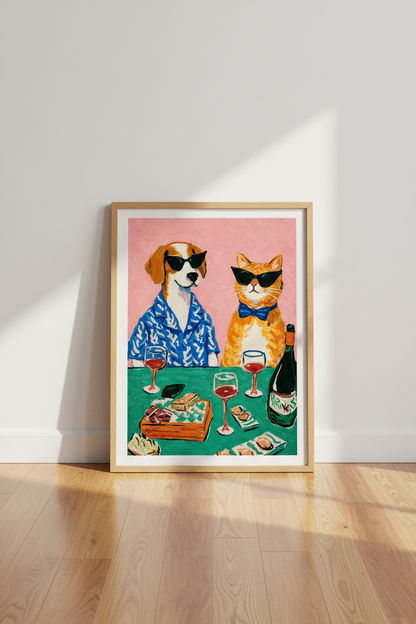 Funky Pet Friends Wall Art Print | Eclectic Bar Decor | Vibrant Aesthetic Poster | Dog Cat Sunglasses Wine | Maximalist Gift