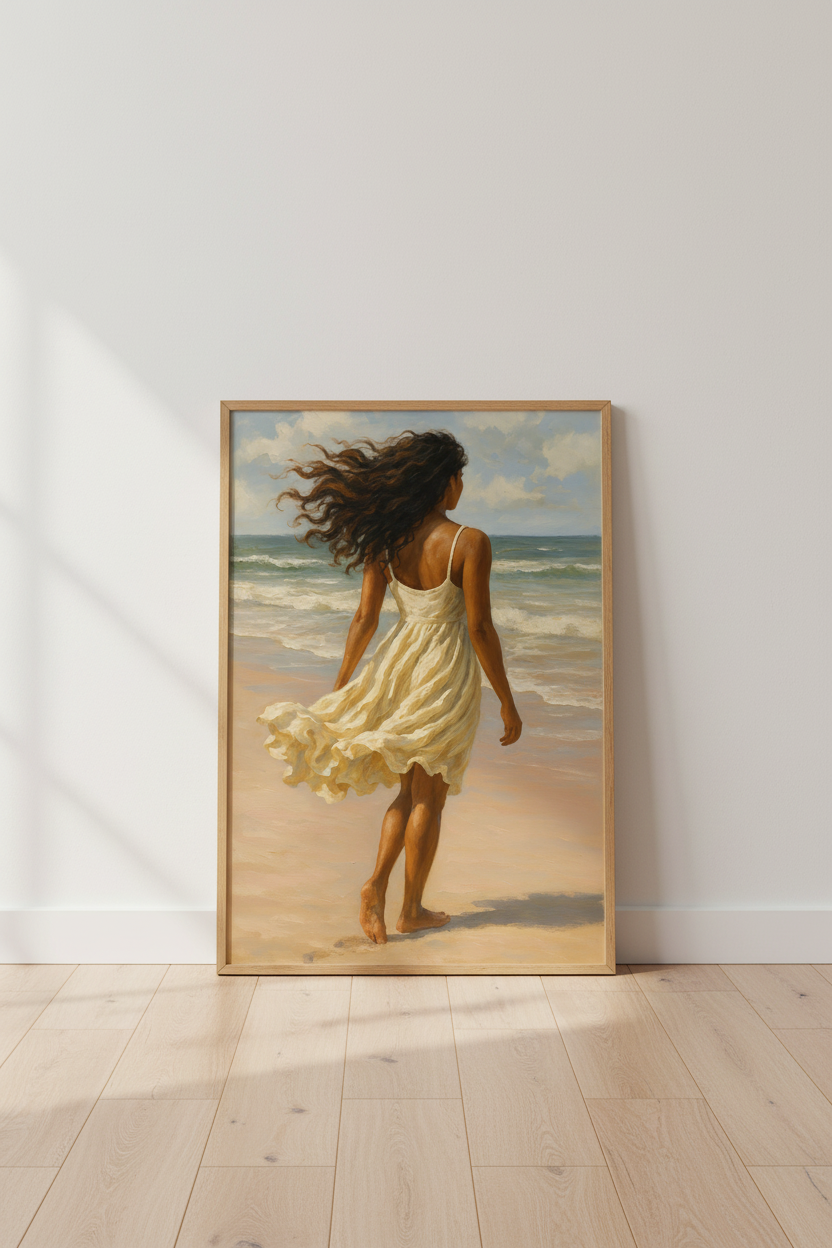 Breezy Beach Oil Painting Wall Art Print | Coastal Living Room Decor | Bohemian Aesthetic Poster
