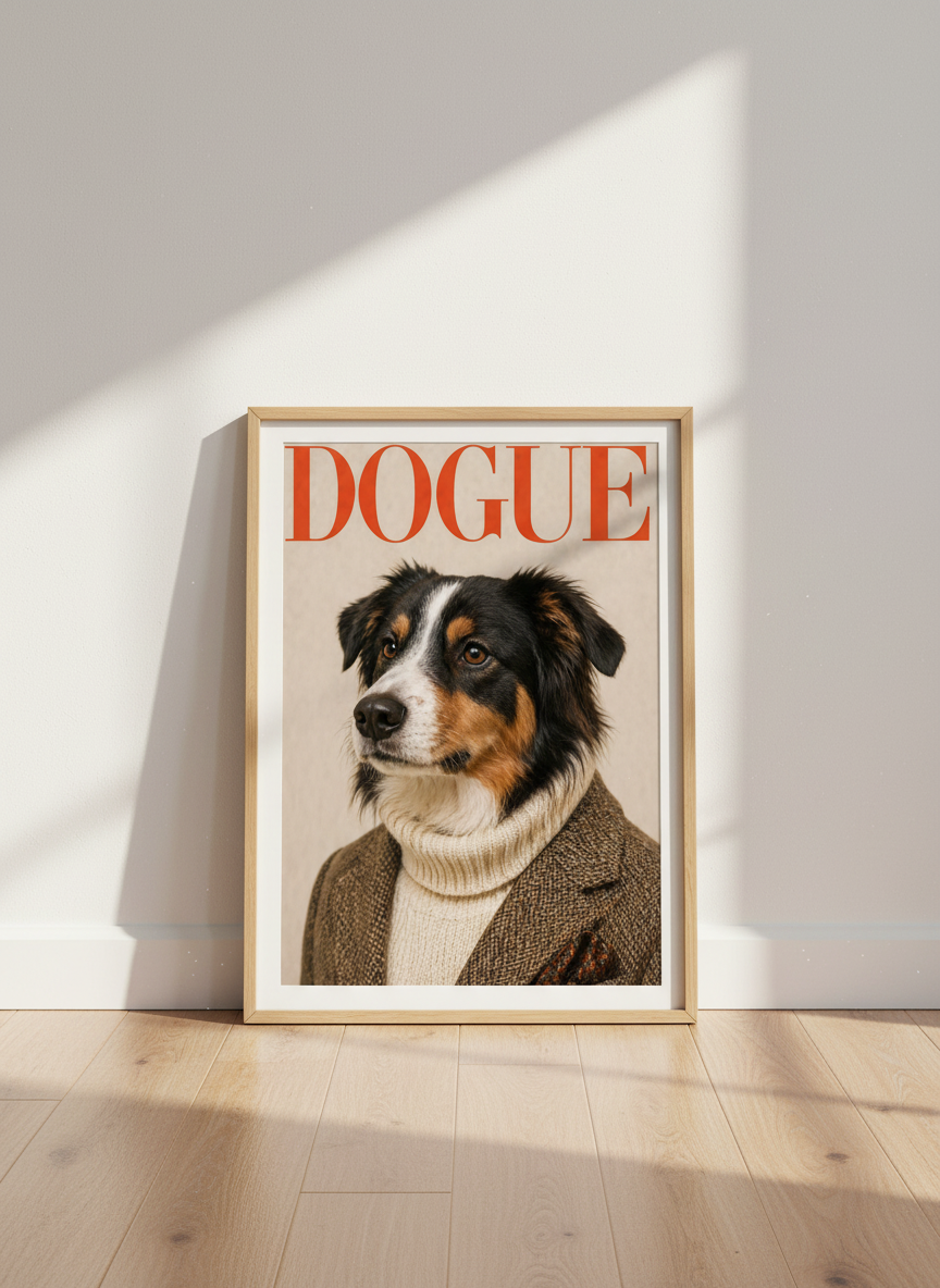 Humorous Dog Dogue Fashion Wall Art Print | Trendy Living Room Decor | Chic Pet Lover Framed Poster