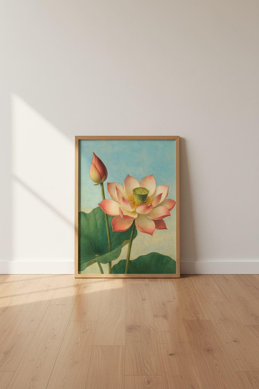Botanical Lotus Flower Framed Wall Art Print | Boho Bedroom Decor | Vintage Floral Aesthetic Poster