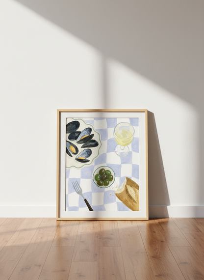 Minimalist Seafood Wall Art Print | Kitchen Decor | French Riviera Inspired Poster | Mussels, Wine &amp; Olives