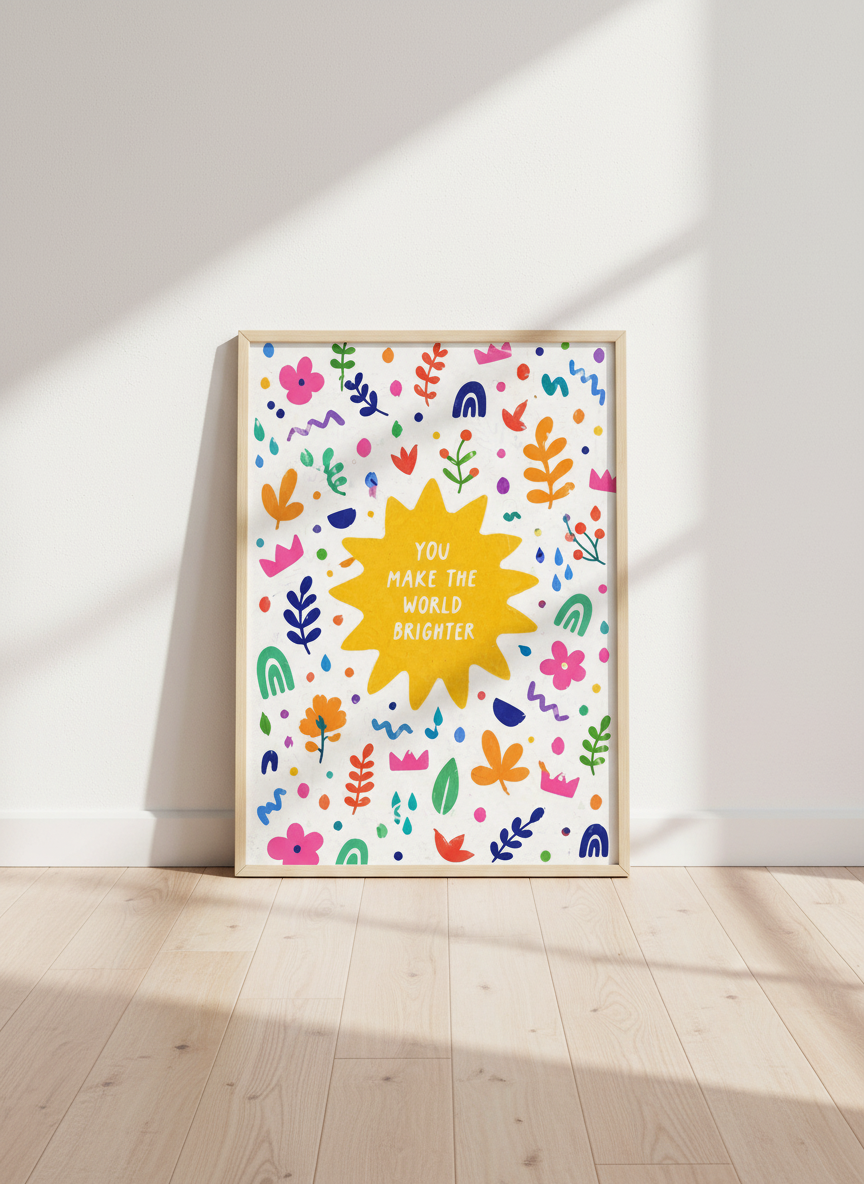 Abstract Floral Wall Art Print | Kids Room Decor | Colorful Confetti Poster | You Make The World Brighter Quote | Nursery Art