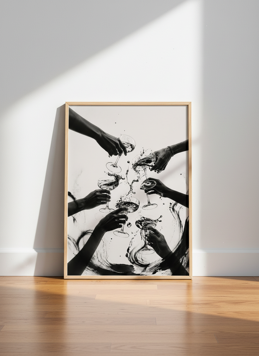 Celebration Toast Wall Art | Black &amp; White Print, Bar Cart Decor, Modern Kitchen Art