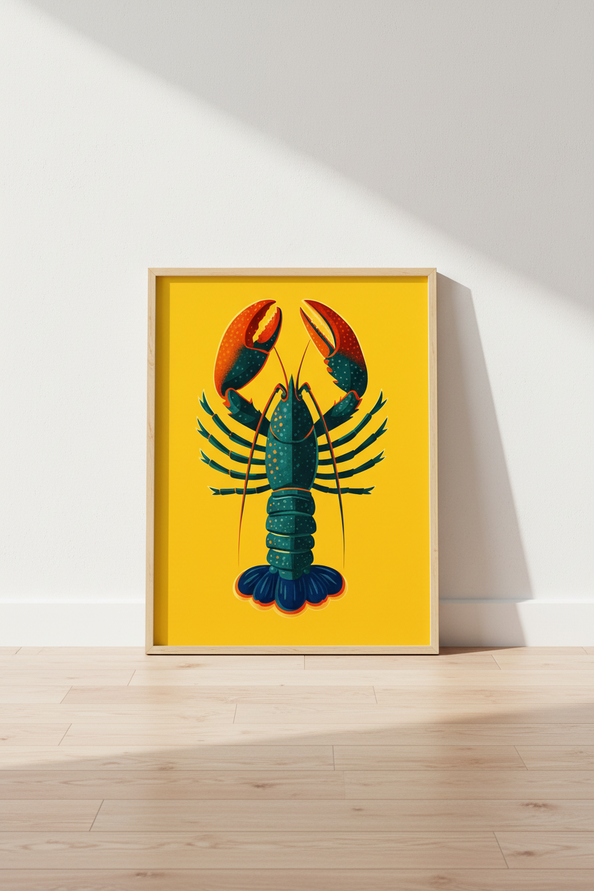 Minimalist Lobster Wall Art Print | Ocean Themed Kitchen Decor | Mid-Century Modern Seafood Framed Poster