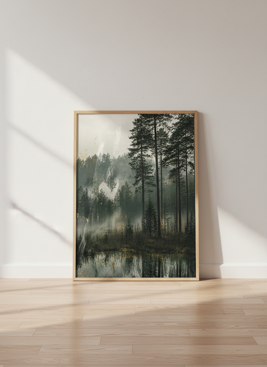 Misty Pine Forest Lake Art Print | Moody Landscape Wall Decor | Gold Brushstroke Poster
