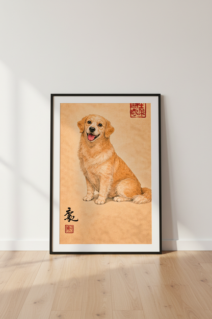 Chinoiserie Golden Retriever Wall Art Print | Pet Lover Gift | Cute Dog Decor | Nursery Aesthetic Poster | Digital Download Available