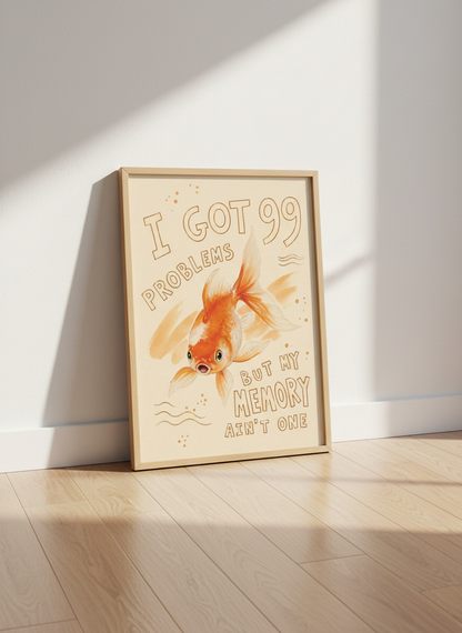 Goldfish Memory Pun Art | Funny Animal Kitchen Decor, Cute Humor Poster