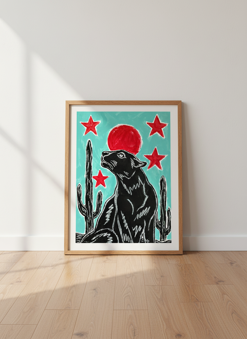 Pop Art Panther Wall Art Print | Boho Living Room Decor | Eclectic Southwest Poster | Red Moon Cactus | Black Cat Art Gift
