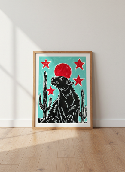 Pop Art Panther Wall Art Print | Boho Living Room Decor | Eclectic Southwest Poster | Red Moon Cactus | Black Cat Art Gift