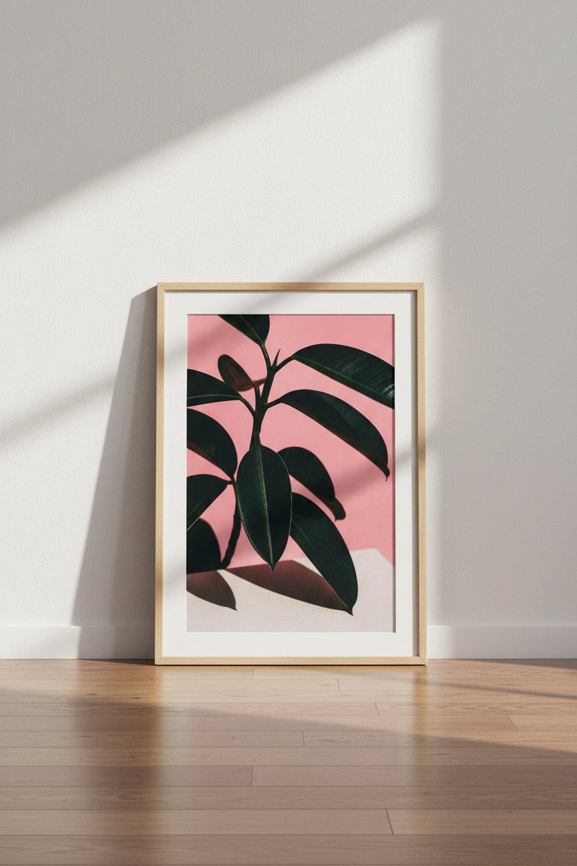 Minimalist Ficus Plant Wall Art Print | Bedroom Decor | Botanical Framed Canvas | Pink &amp; Green Aesthetic Poster