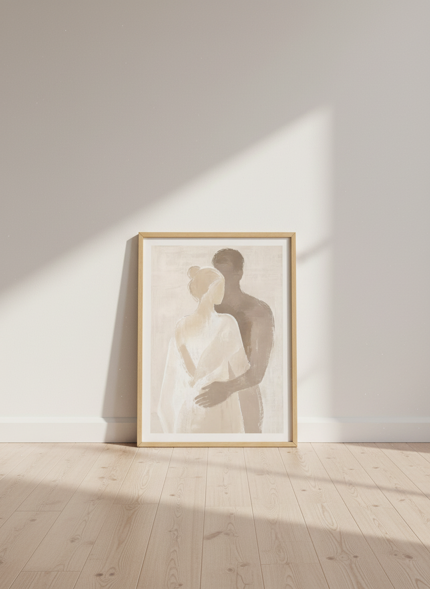 Abstract Embrace Framed Wall Art | Neutral Bedroom Decor | Minimalist Couple Poster Print | Ready to Hang Love Art