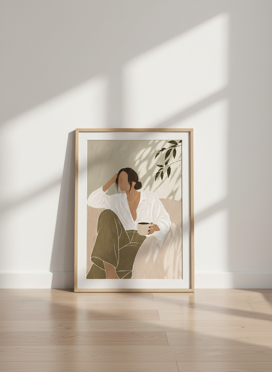 Woman Coffee Drink Minimalist Wall Art | Boho Living Room Decor | Neutral Abstract Poster