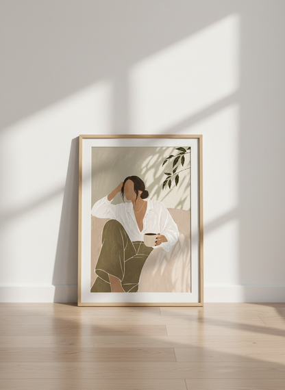 Woman Coffee Drink Minimalist Wall Art | Boho Living Room Decor | Neutral Abstract Poster