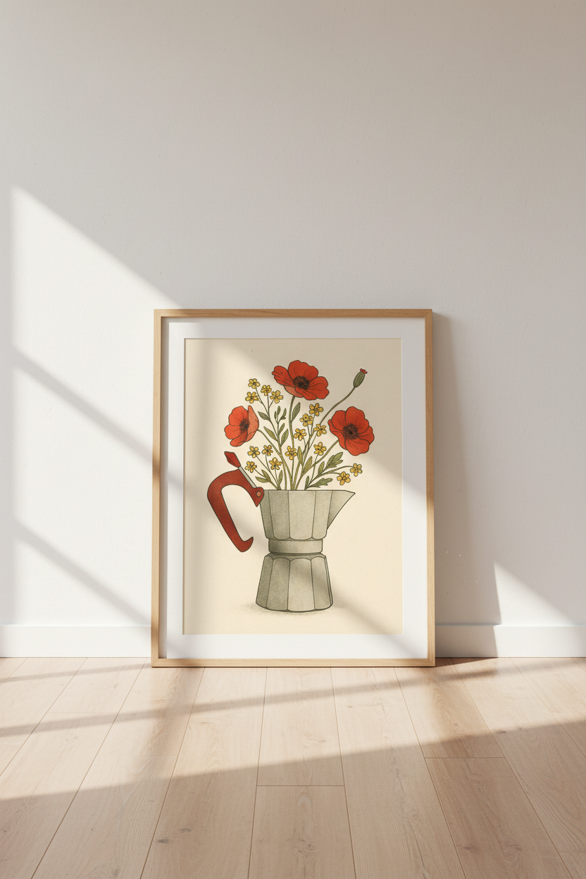 Moka Pot Flowers Framed Print | Kitchen Wall Art | Coffee Lover Decor | Vintage Style Poppy Poster | Ready to Hang Art
