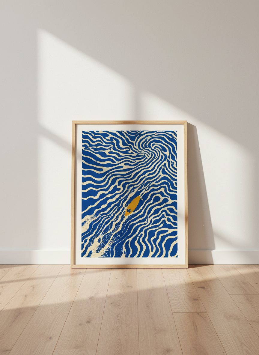 Surfer on Waves Art | Ocean Surf Poster, Beach House Decor | Coastal Blue Print