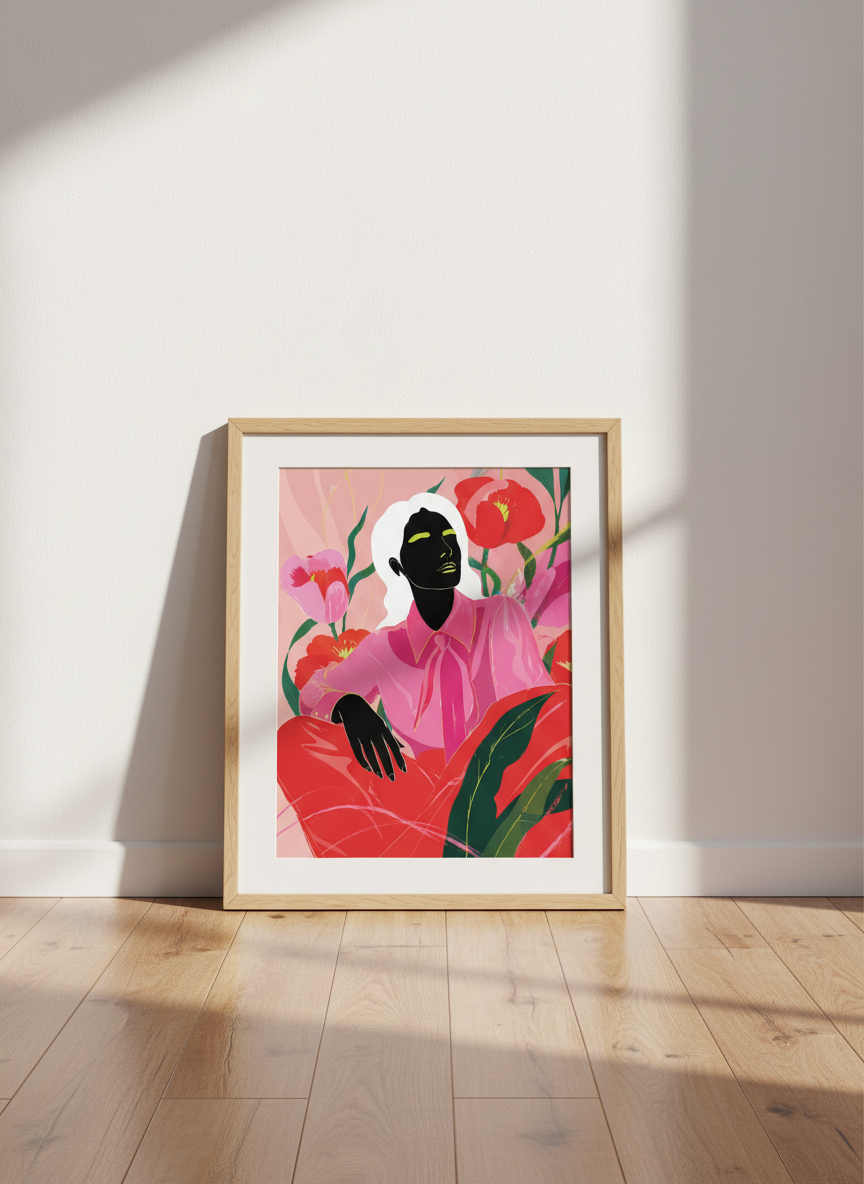 Abstract Woman Portrait | Pink Red Floral Wall Art, Living Room Decor