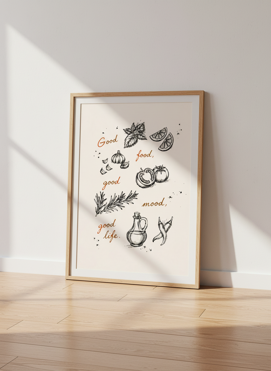 Good Food Good Mood Good Life Print | Kitchen Line Art, Minimalist Decor Gift