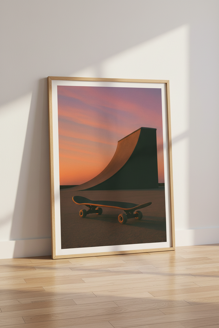 Minimalist Skateboard Wall Art Print | Teen Room Decor | Aesthetic Sunset Framed Poster | Skater Ready to Hang Art