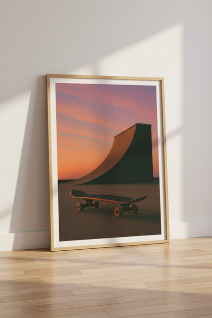 Minimalist Skateboard Wall Art Print | Teen Room Decor | Aesthetic Sunset Framed Poster | Skater Ready to Hang Art