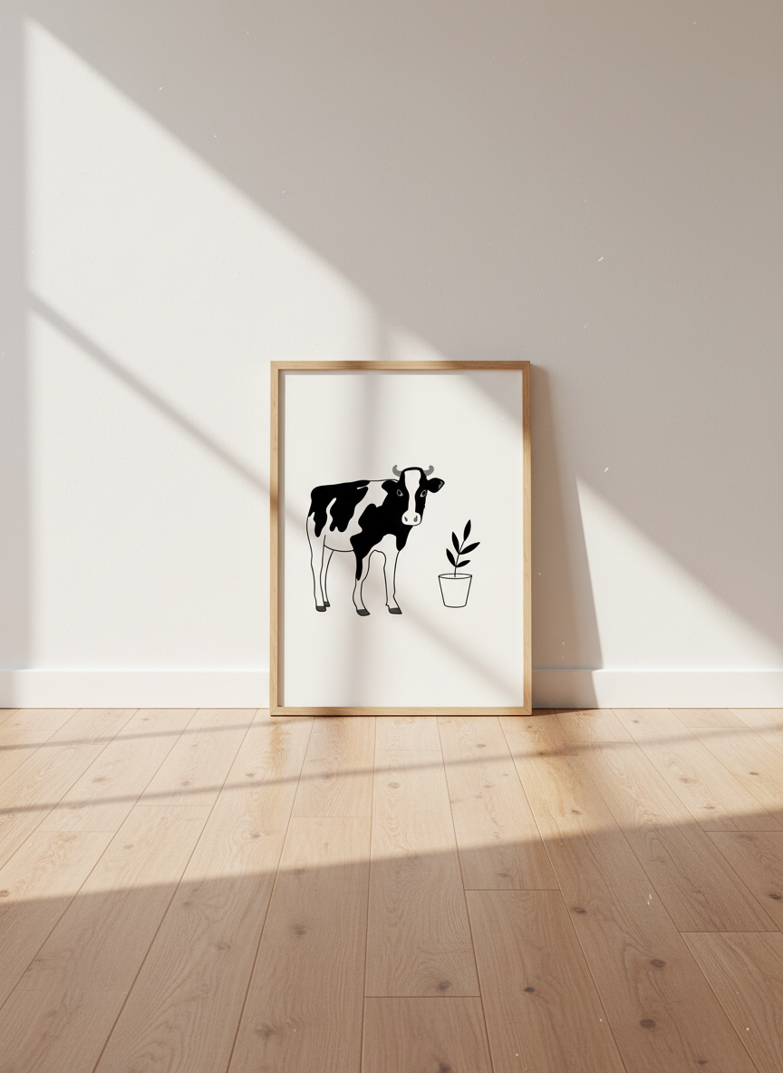 Minimalist Holstein Cow Wall Art Print | Farmhouse Kitchen Decor | Neutral Animal Abstract Poster | Digital Download Available