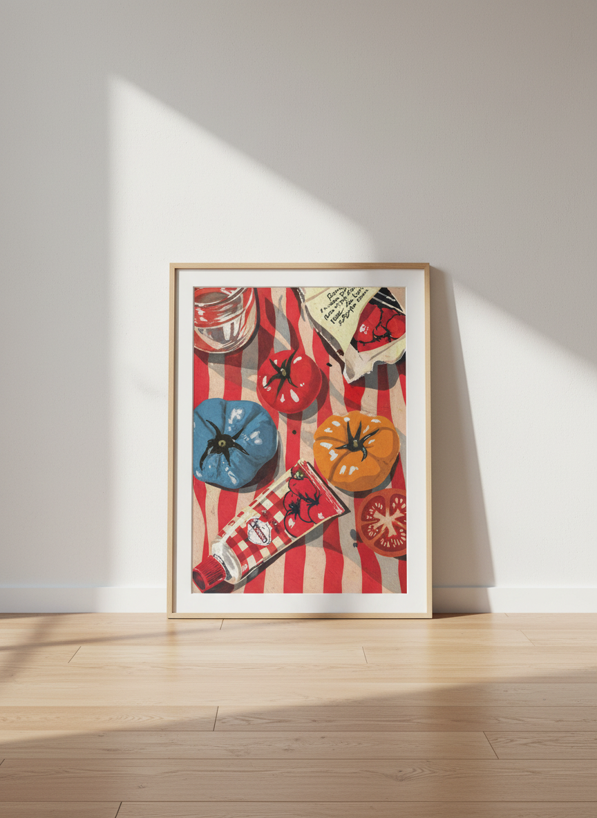 Rustic Italian Kitchen Still Life Art Print | Vibrant Tomato Cafe Decor Wall Art