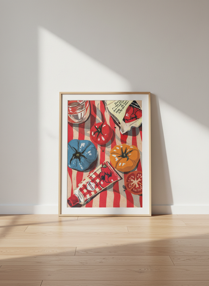 Rustic Italian Kitchen Still Life Art Print | Vibrant Tomato Cafe Decor Wall Art