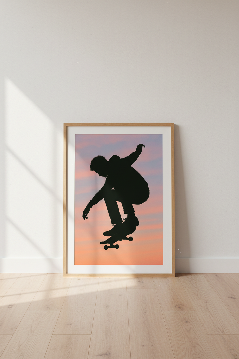 Minimalist Skater Wall Art Print | Teen Room Decor | Aesthetic Skateboard Poster | Framed Modern Sport Art