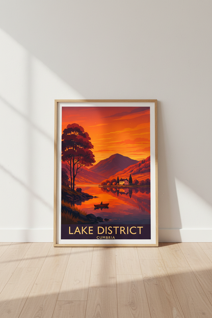 Retro Travel Poster Lake District Framed Wall Art | Sunset Landscape Decor | Orange Red Aesthetic Ready to Hang Print